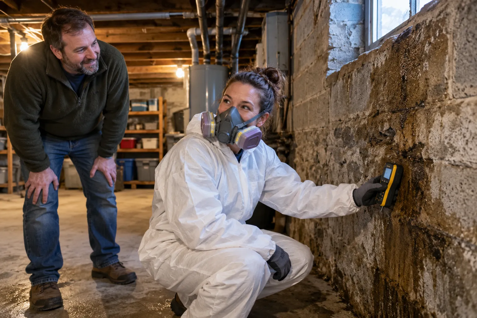 Technician removing dark mold from a bathroom ceiling