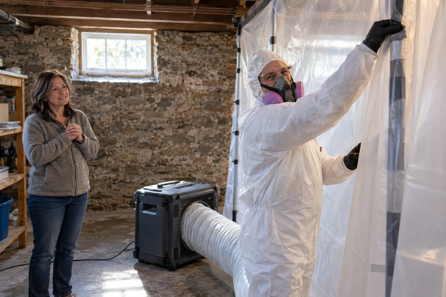 Mold remediation work area sealed with plastic sheeting